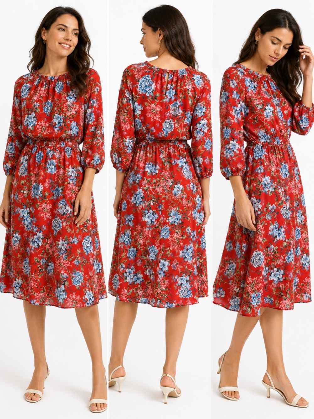 H&M Red Floral Midi Dress Long Sleeve Elastic Waist Blue Floral US 10 sz Large